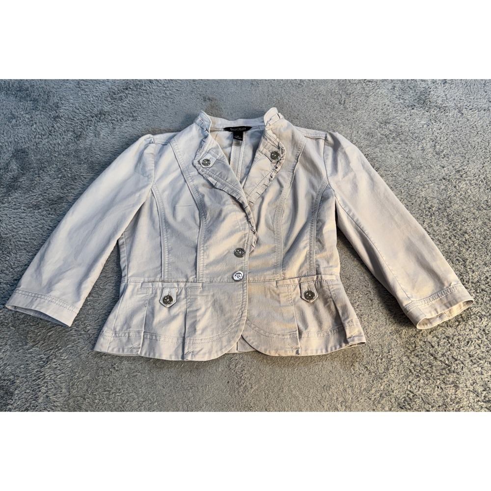 White House Black Market Womens Ruffle Collar Peplum Blazer 8 Gray Cotton Blend